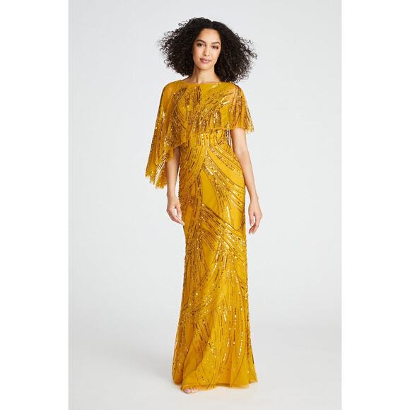 Theia Ayla Beaded Shawl Gown Cape Sleeve Gold/Bronze Size 2 NWT - Picture 2 of 14